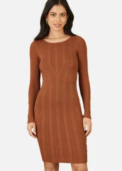 Yumi Brown Shimmer Fitted Midi Dress With Button