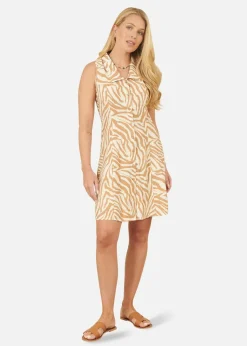 Yumi Brown Zebra Print Collar Sleeveless Shirt Mini Dress