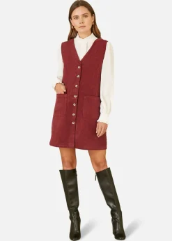 Yumi Burgundy Cord Button Through Pinafore Dress With Pockets