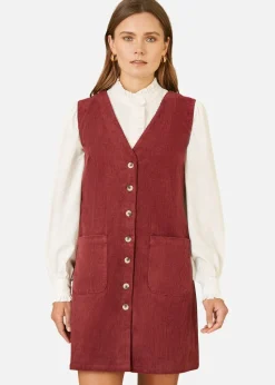 Yumi Burgundy Cord Button Through Pinafore Dress With Pockets