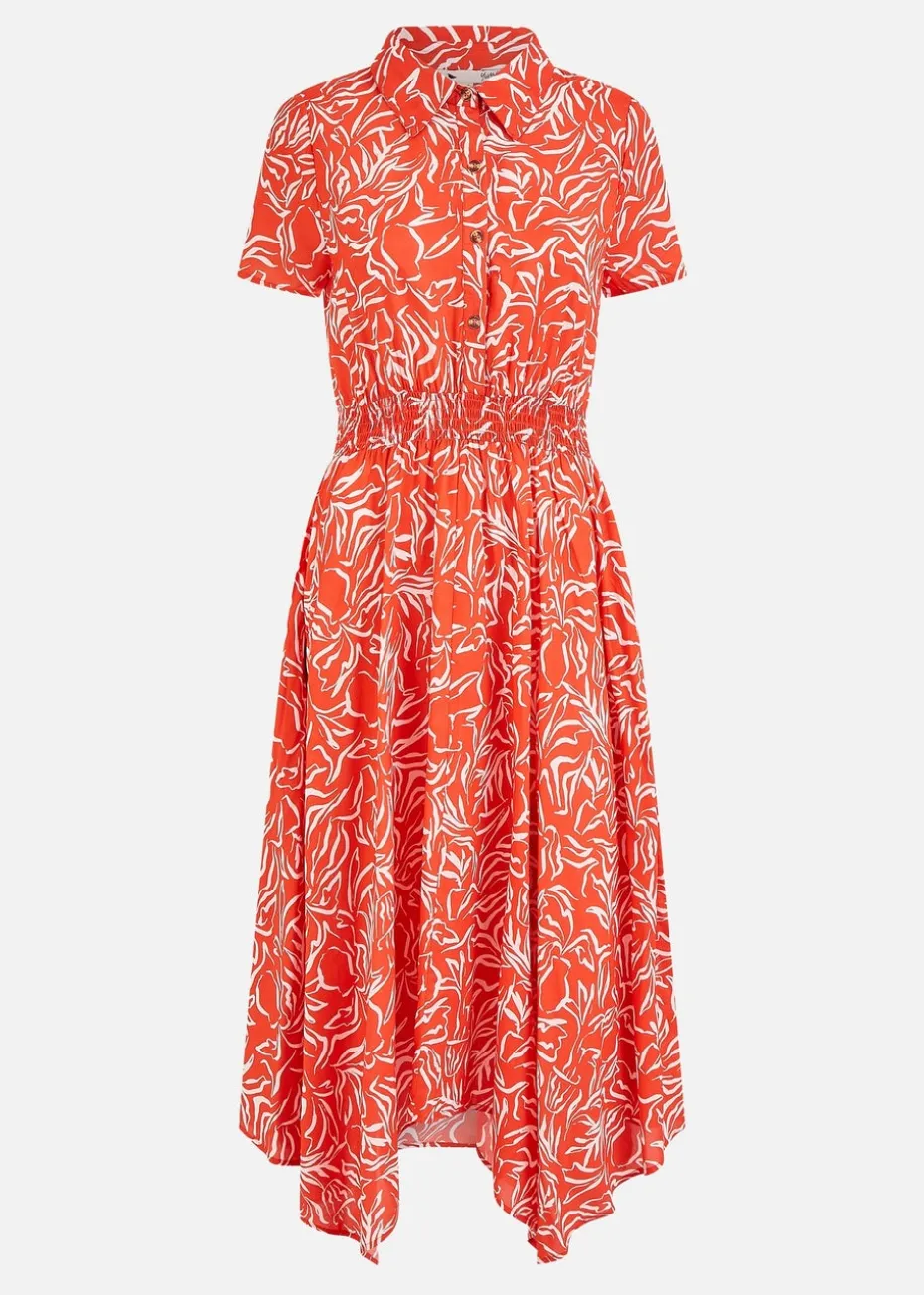 Yumi Coral Vase Print Dipped Hem Ruched Dress