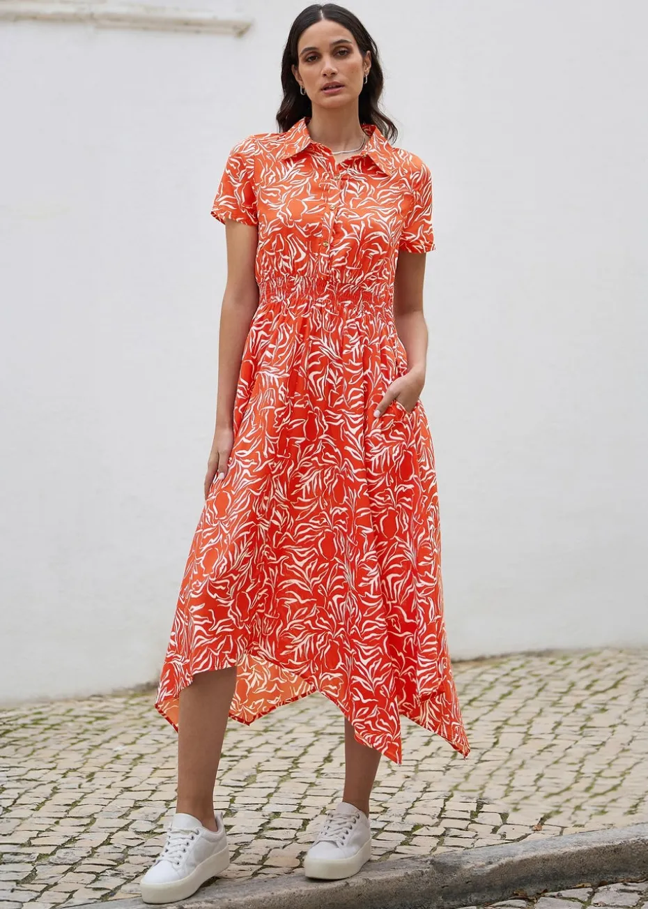 Yumi Coral Vase Print Dipped Hem Ruched Dress