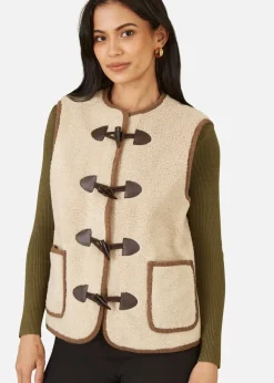 Yumi Cream Borg Gilet With Faux Leather Button Details