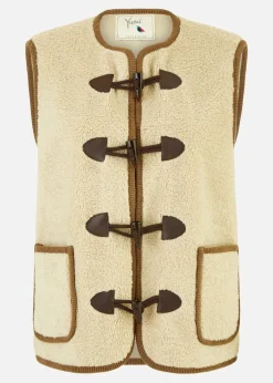 Yumi Cream Borg Gilet With Faux Leather Button Details