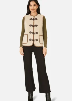 Yumi Cream Borg Gilet With Faux Leather Button Details