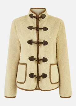Yumi Cream Borg Jacket With Faux Leather Button Details