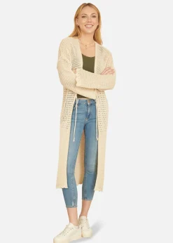 Yumi Cream Crochet Long Line Cardigan With Ties Front