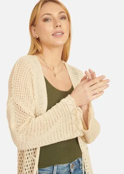 Yumi Cream Crochet Long Line Cardigan With Ties Front