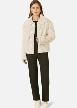 Yumi Cream Luxe Textured Faux Fur Jacket With Pockets