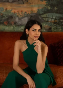 Yumi Green Cross Over Halter Neck Jumpsuit