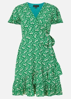 Yumi Green Ditsy Floral Wrap Frill Dress