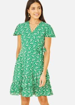 Yumi Green Ditsy Floral Wrap Frill Dress