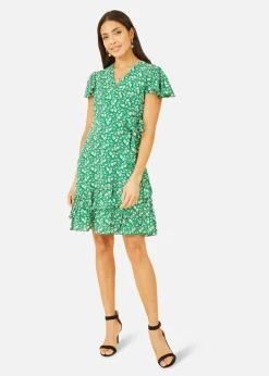 Yumi Green Ditsy Floral Wrap Frill Dress