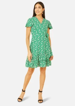 Yumi Green Ditsy Floral Wrap Frill Dress