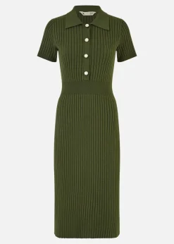 Yumi Green Fitted Rib Knitted Midi Dress With Daisy Buttons