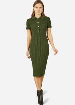 Yumi Green Fitted Rib Knitted Midi Dress With Daisy Buttons