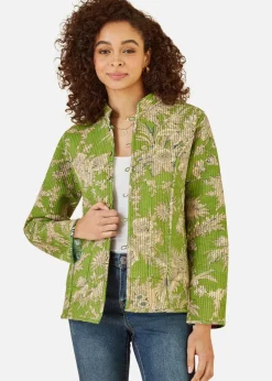 Yumi Green Floral Print Reversible Cotton Cropped Quilted Jacket