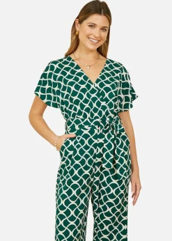 Yumi Green Geometric Print Wrap Jumpsuit