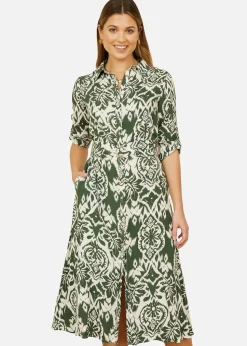 Yumi  Green Ikat Geo Print Midi Shirt Dress