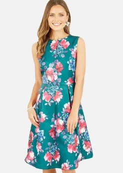 Yumi Green Jacquard Winter Floral Skater Dress