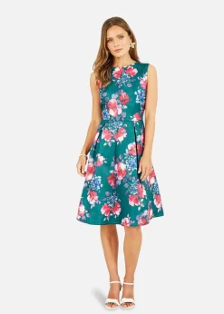 Yumi Green Jacquard Winter Floral Skater Dress