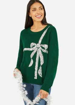 Yumi Green Sequin Bow Knitted Jumper