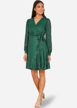 Yumi Green Sequin Long Sleeve Frill Wrap Dress