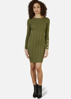 Yumi Green Shimmer Fitted Midi Dress With Button