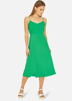Yumi Green Viscose Tie Back Midi Sun Dress