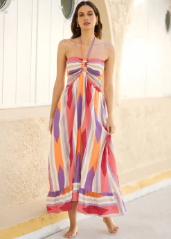 Yumi Multicolour Block Print Halter Neck Cotton Maxi Dress