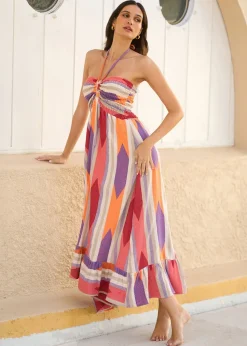 Yumi Multicolour Block Print Halter Neck Cotton Maxi Dress