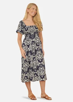 Yumi Navy Aztec Print Ruched Midi Dress