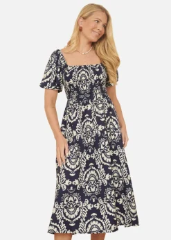 Yumi Navy Aztec Print Ruched Midi Dress