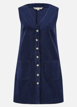 Yumi Navy Cord Button Through Pinafore Dress With Pockets