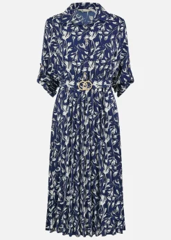 Yumi Navy Floral Print Pleated Skater Dress With Buckle