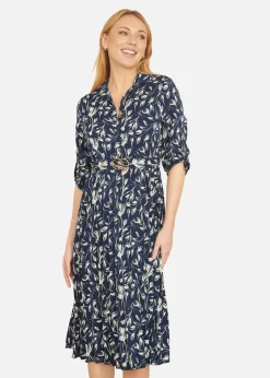 Yumi Navy Floral Print Pleated Skater Dress With Buckle