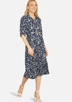 Yumi Navy Floral Print Pleated Skater Dress With Buckle