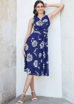 Yumi Navy Floral Print Stretch Mesh Dress With Pockets