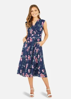 Yumi Navy Floral Print V-Neck Midi Skater Dress