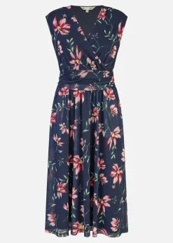 Yumi Navy Floral Print V-Neck Midi Skater Dress