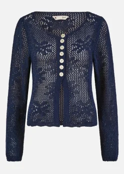Yumi Navy Flower Crochet Button Up Cardigan