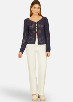 Yumi Navy Flower Crochet Button Up Cardigan