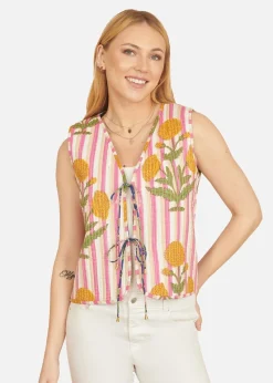 Yumi Navy Flower Reversible Cotton Quilted Waistcoat