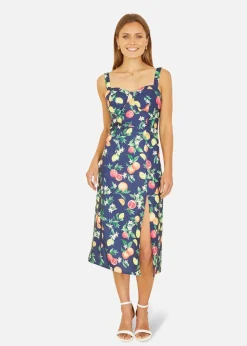 Yumi Navy Fruit Print Strappy Sundress With Front Split