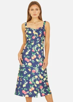 Yumi Navy Fruit Print Strappy Sundress With Front Split