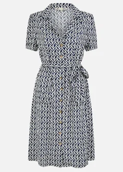 Yumi Navy Geo Print Retro Style Shirt Dress