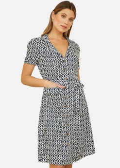 Yumi Navy Geo Print Retro Style Shirt Dress