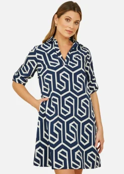 Yumi  Navy Geo Print Tunic With Pockets