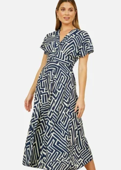 Yumi Navy Geometric Print Ruched Waist Midi Dress With Kimono Sleeves