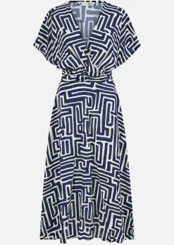 Yumi Navy Geometric Print Ruched Waist Midi Dress With Kimono Sleeves